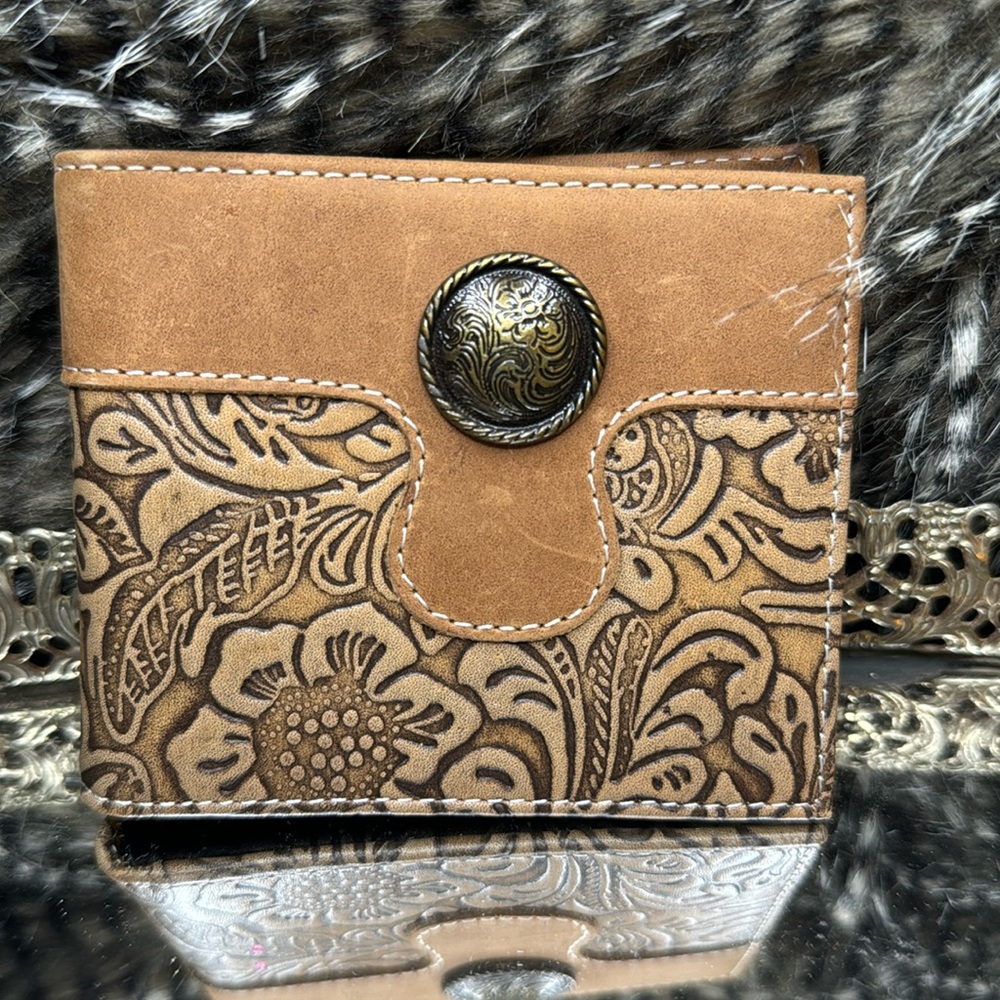 Myra Bag Leather Tooled Studded Distressed Tan Wallet